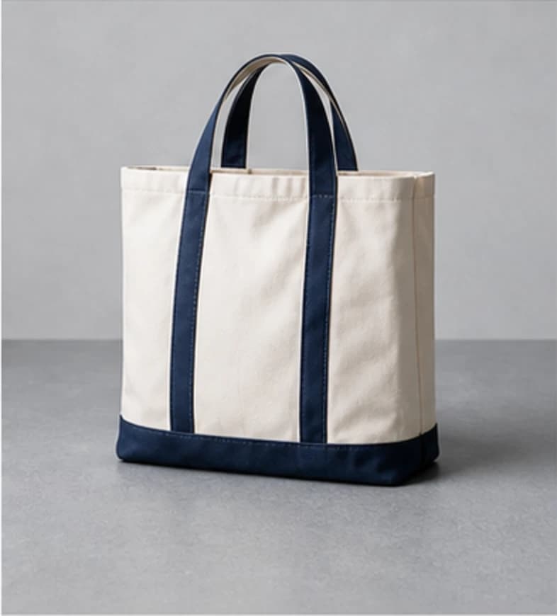 Off-white canvas tote with navy handles on a cool gray studio surface