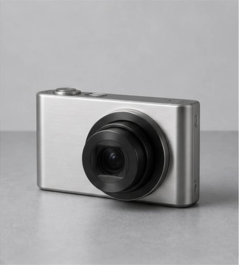 Brushed-silver compact digital camera on a cool gray studio surface
