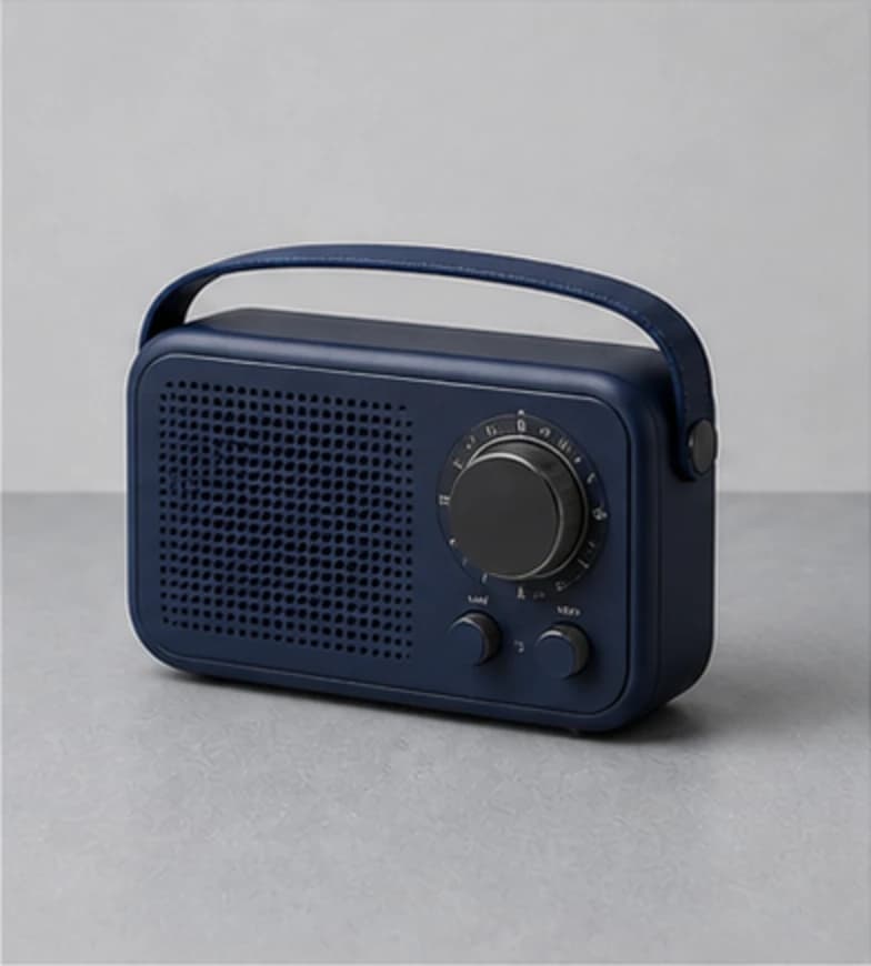 Navy portable radio on a cool gray studio surface